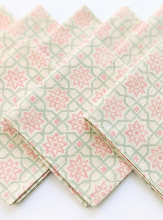Pink Rose Mughal Block Print – Set of 6 Placemats & Napkins