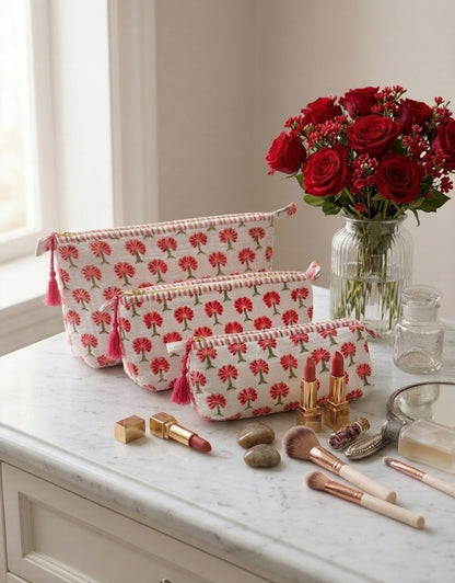 Rosy Dahlia Quilted Makeup Pouch Set of 3