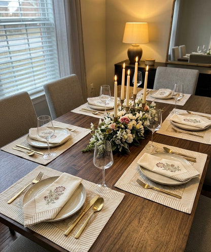 Beige Muted Floral Embroidered – Set of 6 Placemats & Napkins
