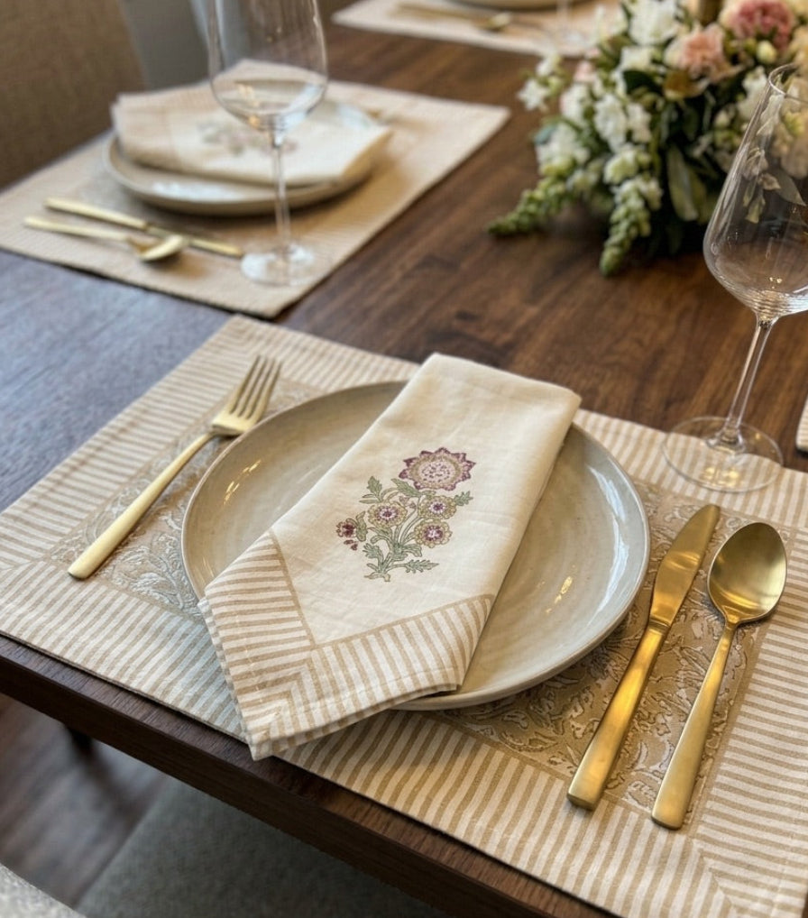 Beige Muted Floral Embroidered – Set of 6 Placemats & Napkins