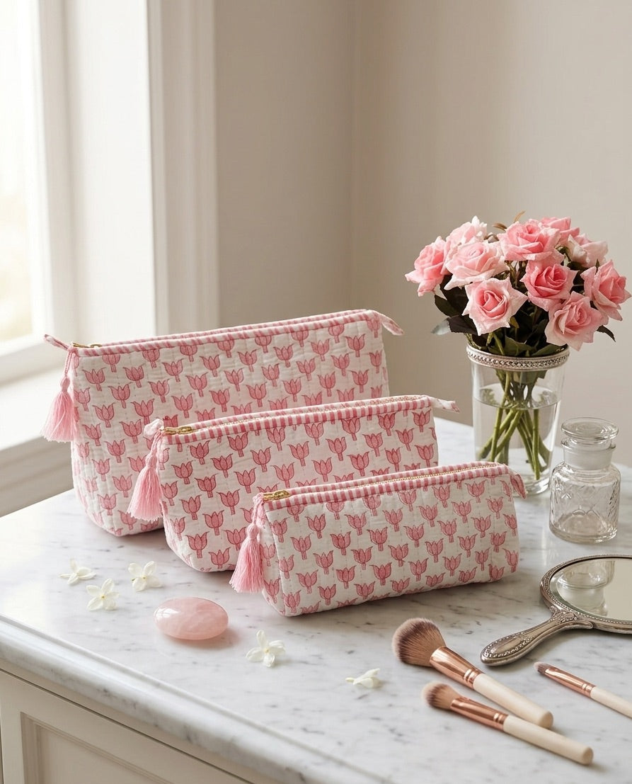 Blush Tulip Quilted Makeup Pouch Set of 3