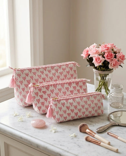 Blush Tulip Quilted Makeup Pouch Set of 3