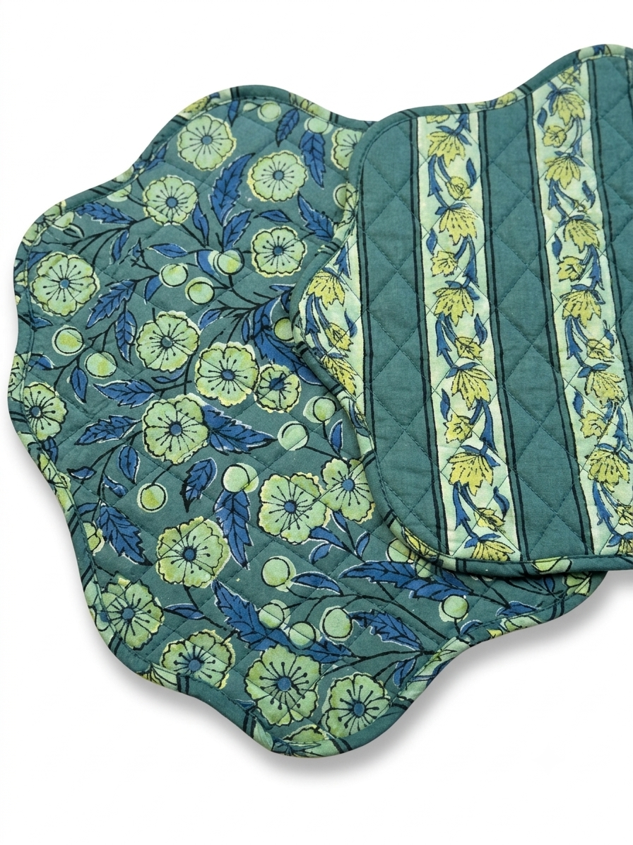 Reversible Teal Block-Print Mats