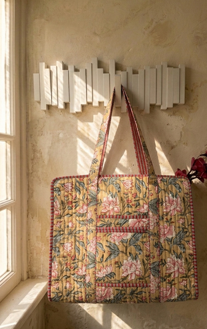 Golden Peony Tote Bag with Zip Closure