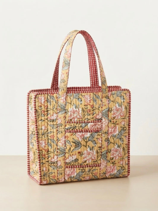 Golden Peony Tote Bag with Zip Closure