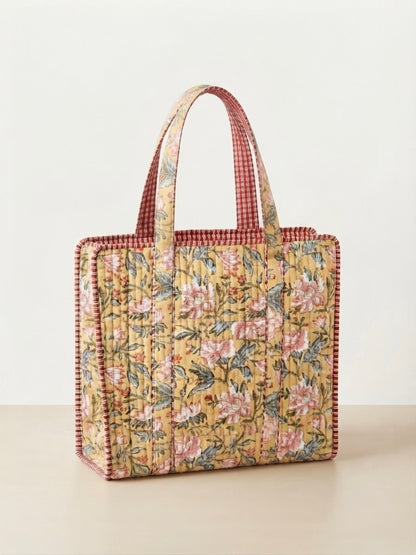 Golden Peony Tote Bag with Zip Closure