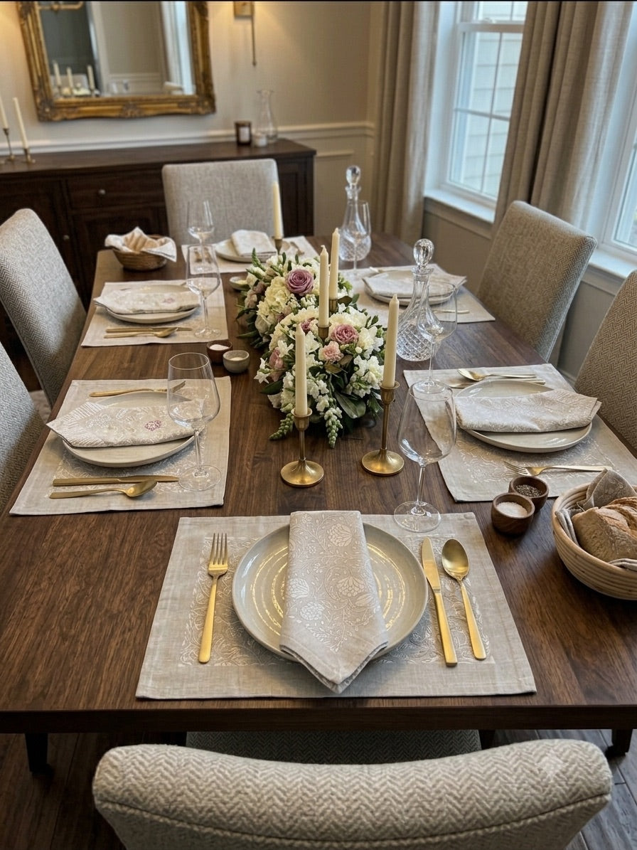 Silver-Grey Cutwork Floral – Set of 6 Placemats & Napkins