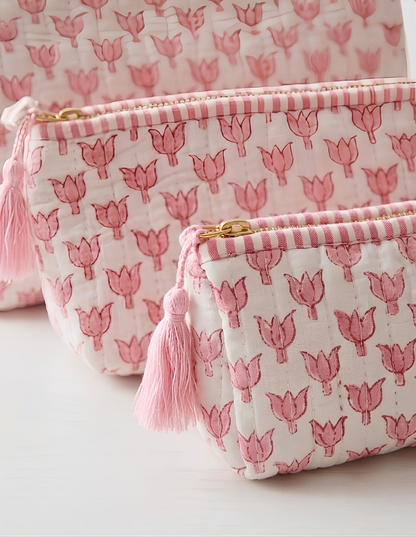 Blush Tulip Quilted Makeup Pouch Set of 3
