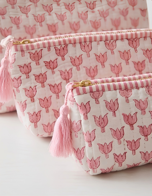 Blush Tulip Quilted Makeup Pouch Set of 3
