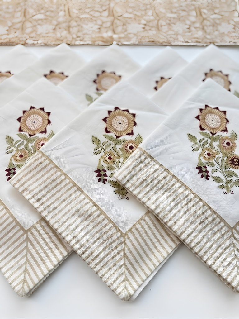 Beige Muted Floral Embroidered – Set of 6 Placemats & Napkins
