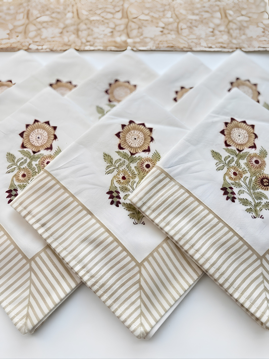 Beige Muted Floral Embroidered – Set of 6 Placemats & Napkins