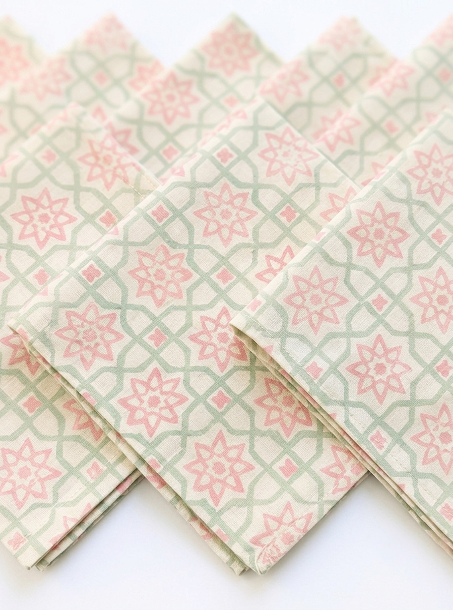 Pink Rose Mughal Block Print – Set of 6 Placemats & Napkins