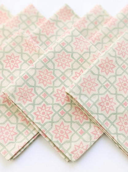 Pink Rose Mughal Block Print – Set of 6 Placemats & Napkins