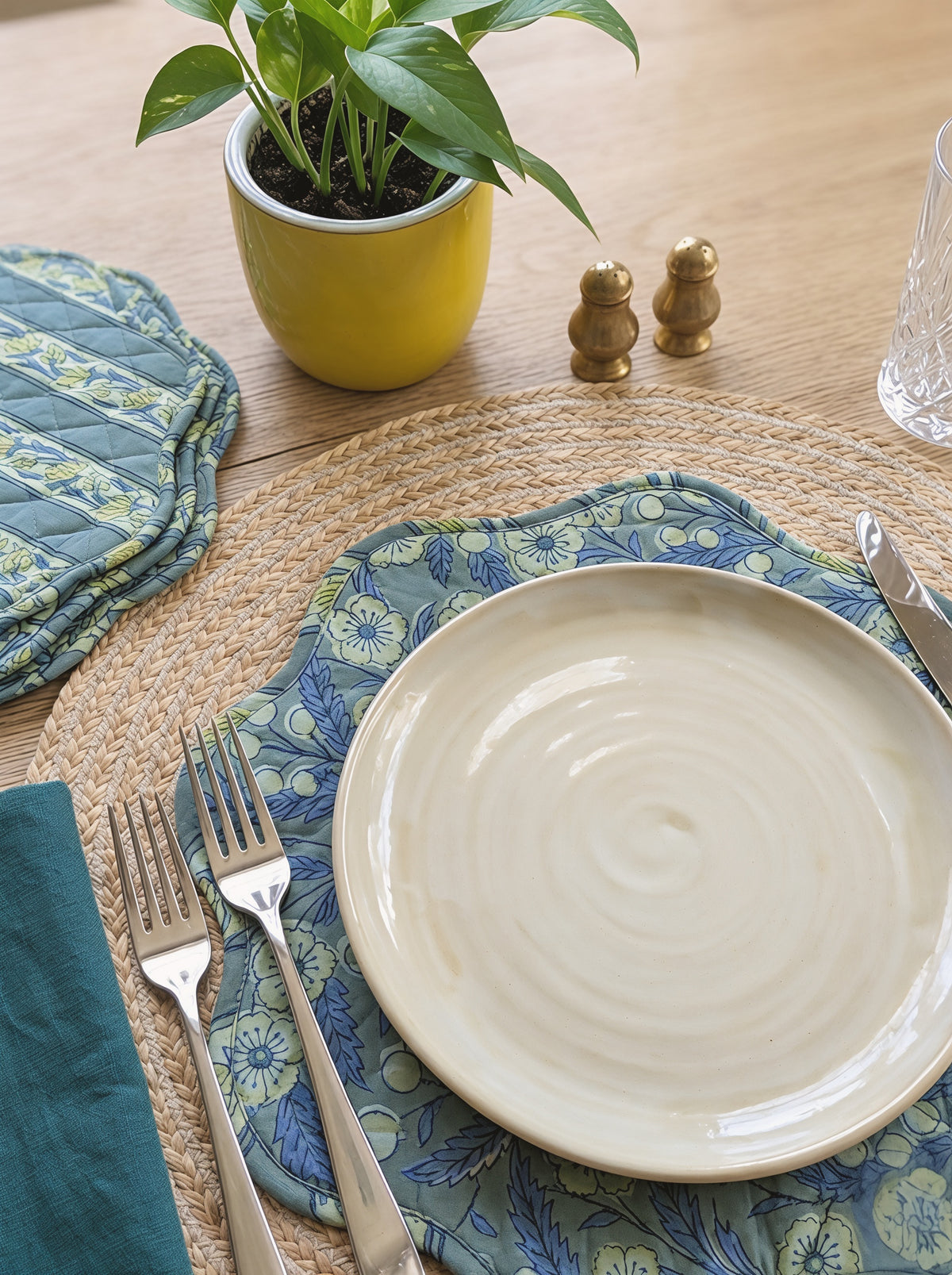 Reversible Teal Block-Print Mats