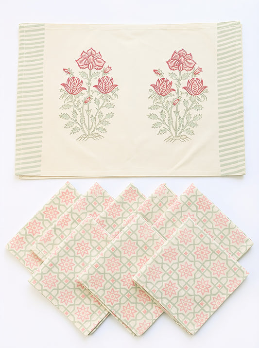 Pink Rose Mughal Block Print – Set of 6 Placemats & Napkins