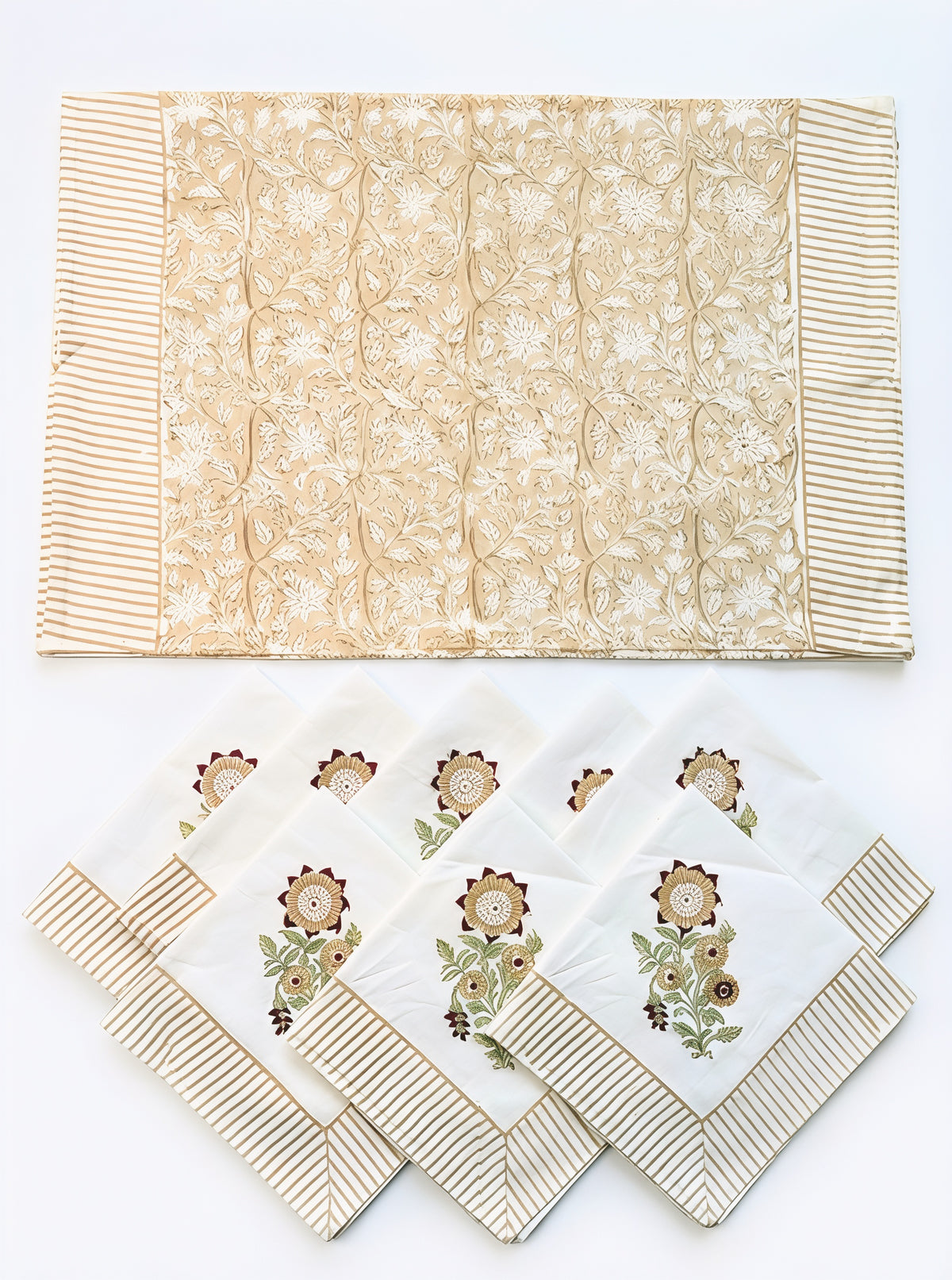 Beige Muted Floral Embroidered – Set of 6 Placemats & Napkins