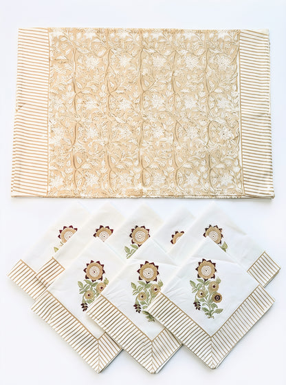 Beige Muted Floral Embroidered – Set of 6 Placemats & Napkins