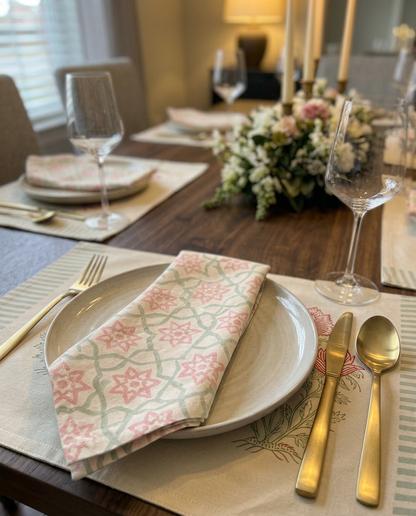 Pink Rose Mughal Block Print – Set of 6 Placemats & Napkins