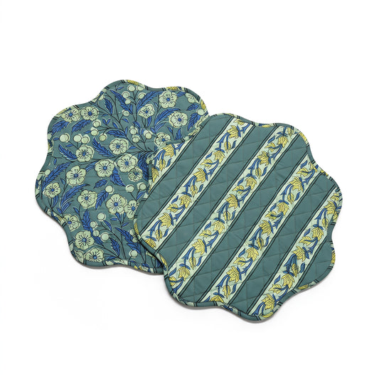 Reversible Teal Block-Print Mats